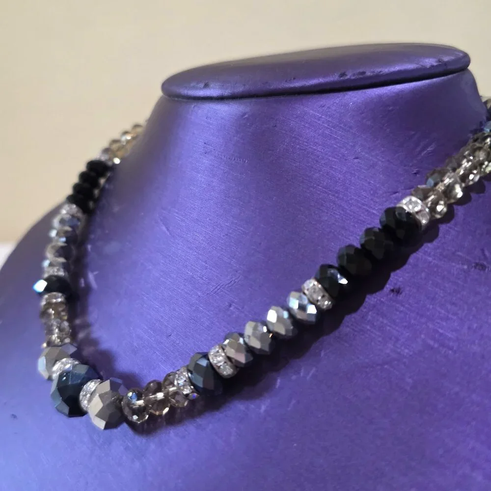 Vintage Black Gray Silver Monochrome Crystal Faceted Bead Rhinestone Necklace